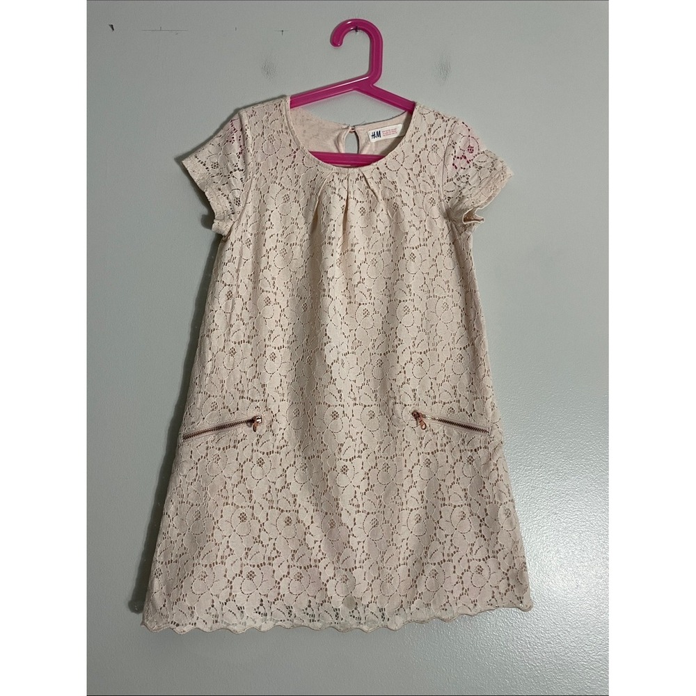 H&M Dress Shift Lace Zipper Size 6-8Y Girls Cream Pink Floral Short Sleeve